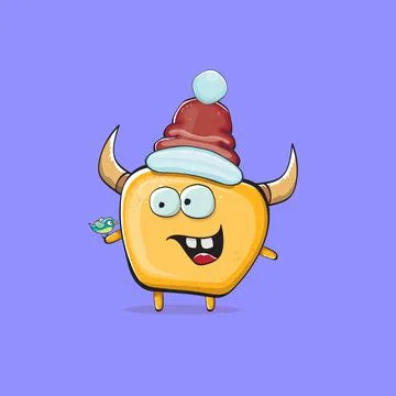 Vector cartoon funky orange monster with Santa Claus red hat isolated on violet Stock Illustration
