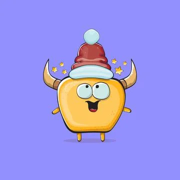 Vector cartoon funky orange monster with Santa Claus red hat isolated on violet Stock Illustration