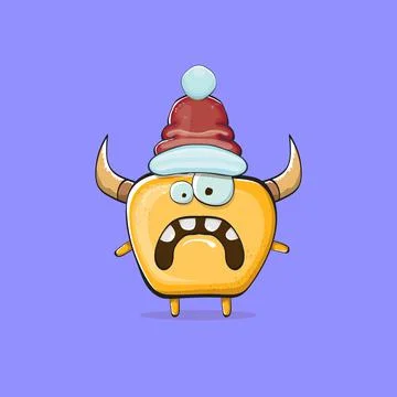 Vector cartoon funky orange monster with Santa Claus red hat isolated on violet Stock Illustration