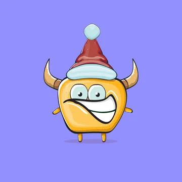 Vector cartoon funky orange monster with Santa Claus red hat isolated on violet Stock Illustration