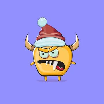 Vector cartoon funky orange monster with Santa Claus red hat isolated on violet Stock Illustration