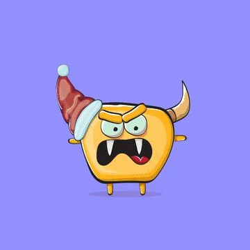 Vector cartoon funky orange monster with Santa Claus red hat isolated on violet Stock Illustration
