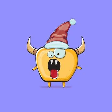 Vector cartoon funky orange monster with Santa Claus red hat isolated on violet Stock Illustration