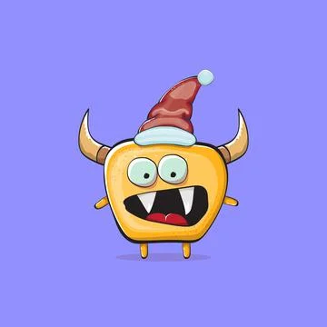 Vector cartoon funky orange monster with Santa Claus red hat isolated on violet Stock Illustration