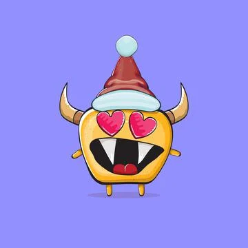 Vector cartoon funky orange monster with Santa Claus red hat isolated on violet Stock Illustration
