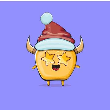 Vector cartoon funky orange monster with Santa Claus red hat isolated on violet Stock Illustration