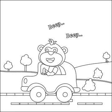 Vector cartoon of funny bear driving car in the road with village landscape Stock Illustration