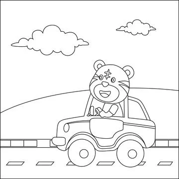 Vector cartoon of funny bear driving car in the road with village landscape Stock Illustration