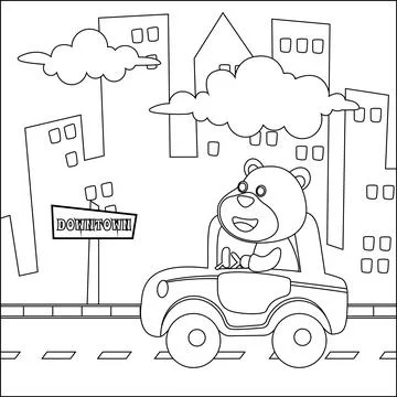 Vector cartoon of funny bear driving car in the road with village landscape Stock Illustration