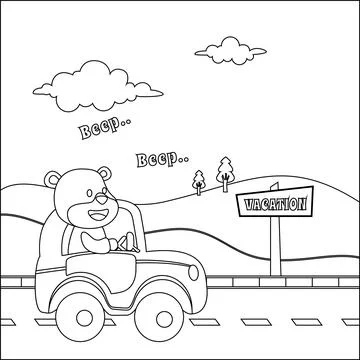 Vector cartoon of funny bear driving car in the road with village landscape Stock Illustration