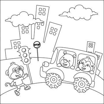Vector cartoon of funny bear driving car in the road. Stock Illustration