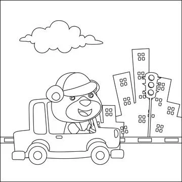 Vector cartoon of funny bear driving car in the road. Childish design Stock Illustration