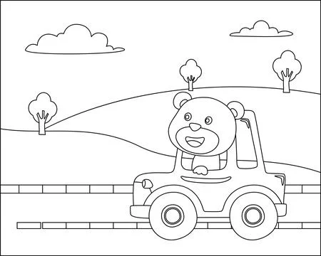 Vector cartoon of funny bear driving car in the road with village landscape Stock Illustration