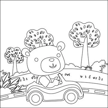 Vector cartoon of funny bear driving car in the junggle. Stock Illustration