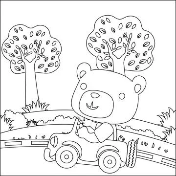 Vector cartoon of funny bear driving car in the junggle. Stock Illustration