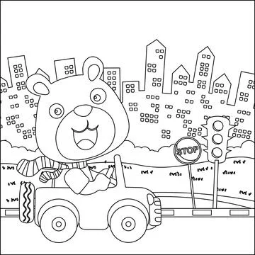 Vector cartoon of funny bear driving car in the junggle. Stock Illustration