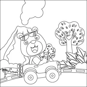 Vector cartoon of funny bear driving car in the junggle. Cartoon isolated Stock Illustration