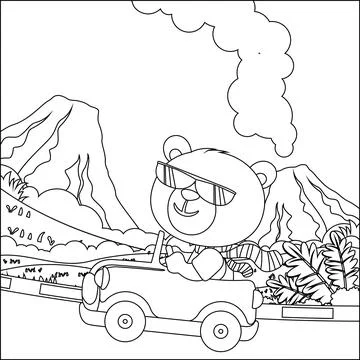 Vector cartoon of funny bear driving car in the junggle. Cartoon isolated Stock Illustration