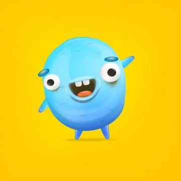 Vector cartoon funny blue alien monster isolated on yellow background. Smiling Stock Illustration