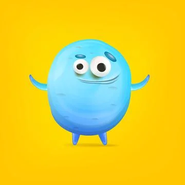 Vector cartoon funny blue alien monster isolated on yellow background. Smiling Stock Illustration