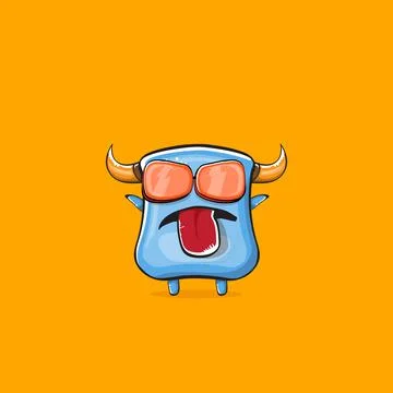 Vector cartoon funny blue monster with horn and sunglasses isolated on orange イラスト素材
