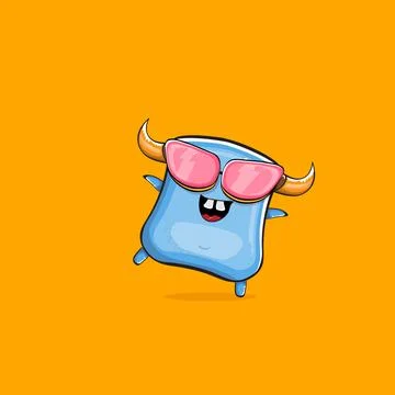Vector cartoon funny blue monster with horn and sunglasses isolated on orange イラスト素材