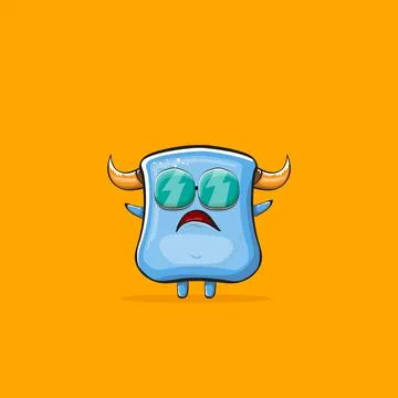 Vector cartoon funny blue monster with horn and sunglasses isolated on orange イラスト素材