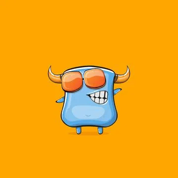 Vector cartoon funny blue monster with horn and sunglasses isolated on orange イラスト素材