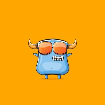 Vector cartoon funny blue monster with horn and sunglasses isolated on orange イラスト素材