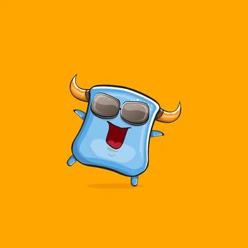 Vector cartoon funny blue monster with horn and sunglasses isolated on orange イラスト素材