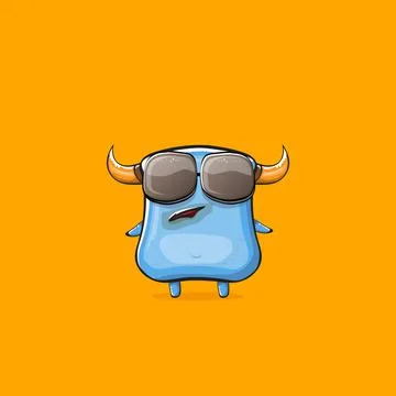 Vector cartoon funny blue monster with horn and sunglasses isolated on orange イラスト素材
