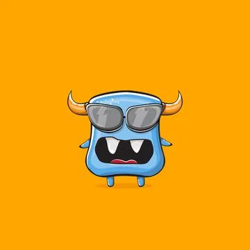Vector cartoon funny blue monster with horn and sunglasses isolated on orange イラスト素材