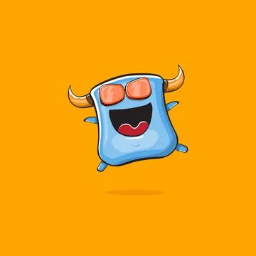 Vector cartoon funny blue monster with horn and sunglasses isolated on orange イラスト素材