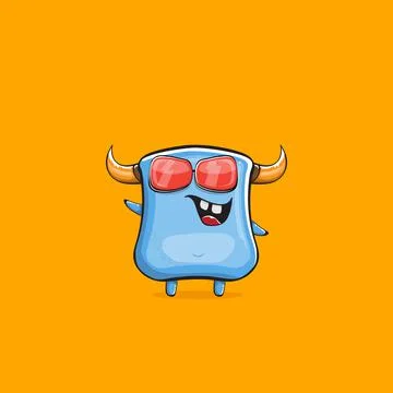 Vector cartoon funny blue monster with horn and sunglasses isolated on orange イラスト素材