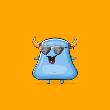 Vector cartoon funny blue monster with horn and sunglasses isolated on orange イラスト素材