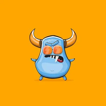 Vector cartoon funny blue monster with horn and sunglasses isolated on orange イラスト素材