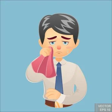 Vector - cartoon funny Crying young Businessman Wipes his Tears with a Handke Stock Illustration