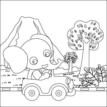 Vector cartoon of funny elephant driving car in the junggle. Stock Illustration