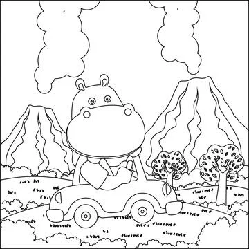 Vector cartoon of funny hippo driving car in the junggle. Stock Illustration