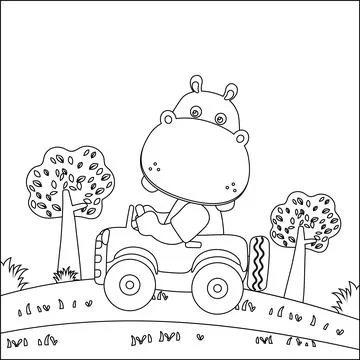Vector cartoon of funny hippo driving car in the junggle. Cartoon isolated Stock Illustration