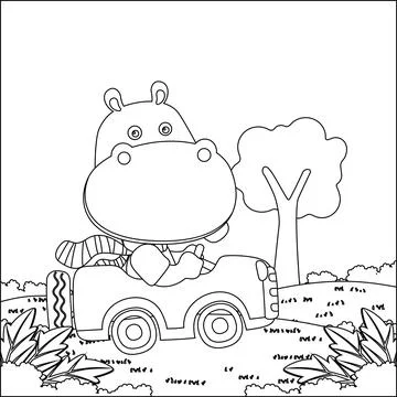 Vector cartoon of funny hippo driving car in the junggle. Cartoon isolated Stock Illustration