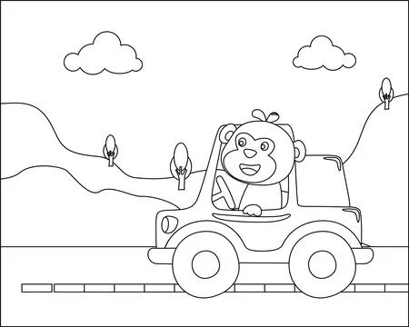 Vector cartoon of funny monkey driving car in the road with village landscape Stock Illustration