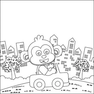 Vector cartoon of funny monkey driving car in the junggle. Stock Illustration