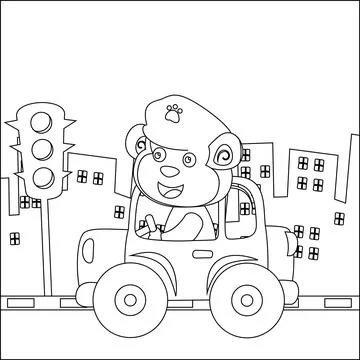 Vector cartoon of funny monkey police patrol in the city. Childish design Stock Illustration