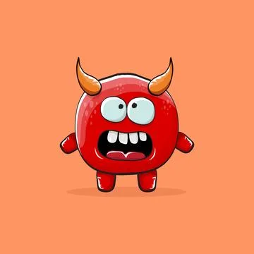 Vector cartoon funny red monster with horn isolated on orange background Stock Illustration
