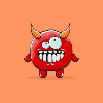 Vector cartoon funny red monster with horn isolated on orange background Stock Illustration