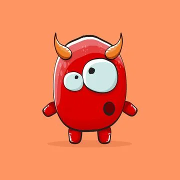 Vector cartoon funny red monster with horn isolated on orange background Stock Illustration