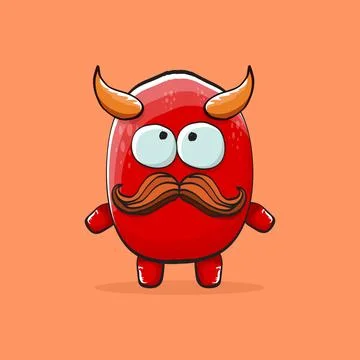 Vector cartoon funny red monster with horn isolated on orange background Stock Illustration