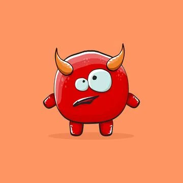 Vector cartoon funny red monster with horn isolated on orange background Stock Illustration