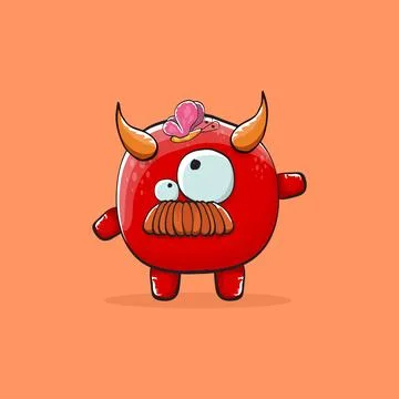 Vector cartoon funny red monster with horn isolated on orange background Stock Illustration